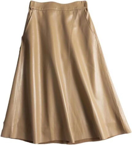 Women's Faux Leather Skirt Knee-Length Pleated Skirt Asymmetric Hem A-Line Skirt